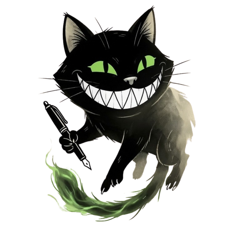 PitchPop's black Cheshire-cat mascot grinning and holding a fountain pen — built from real fundraising calls, not AI slop.