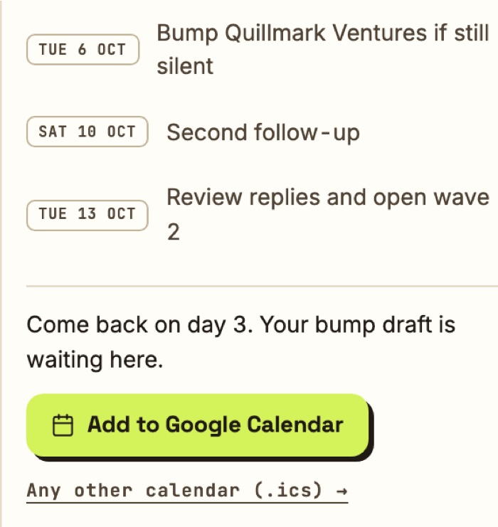 Follow-up plan with dated reminders and an Add to Google Calendar button.