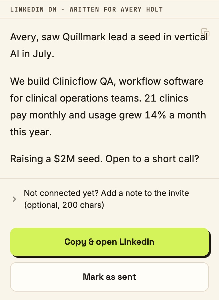 A LinkedIn message written for one partner: their July seed, the founder's traction, the $2M ask, with Copy and open LinkedIn and Mark as sent buttons.