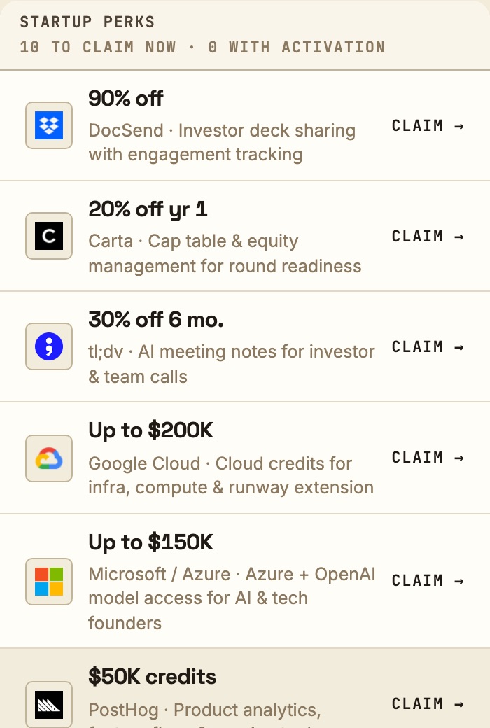 Startup perks: DocSend, Carta, tl;dv, Google Cloud, Microsoft Azure and more.