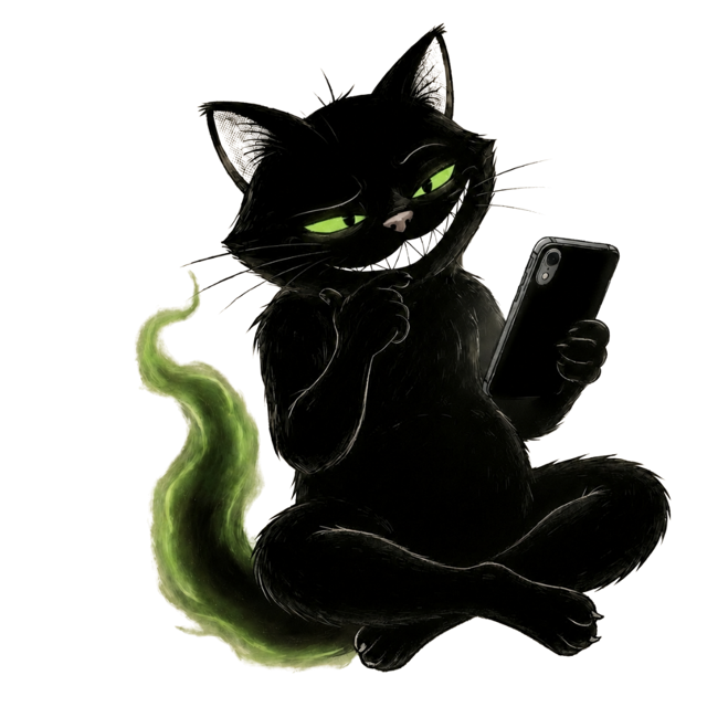 PitchPop's black cat mascot with glowing green eyes and a green smoke tail, sitting cross-legged and reading a Web3 raise on a phone, the sharp fundraising ally that sizes up your round the way crypto investors do.