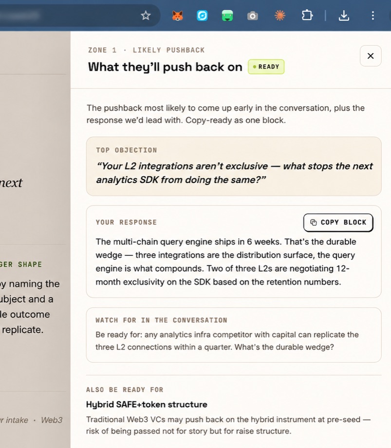 PitchPop diagnosis detail · Zone 1 likely pushback: the top objection a partner will raise, a copy-ready response leading with the durable wedge, what to watch for in the conversation, and the next thing to be ready for.