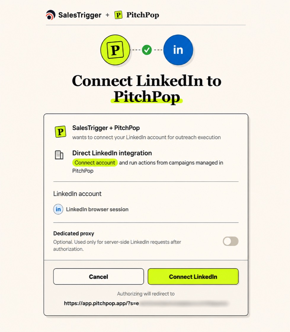 PitchPop's LinkedIn connection window: a one-click consent screen linking your LinkedIn account to PitchPop for direct, approval-gated fundraising outreach execution.