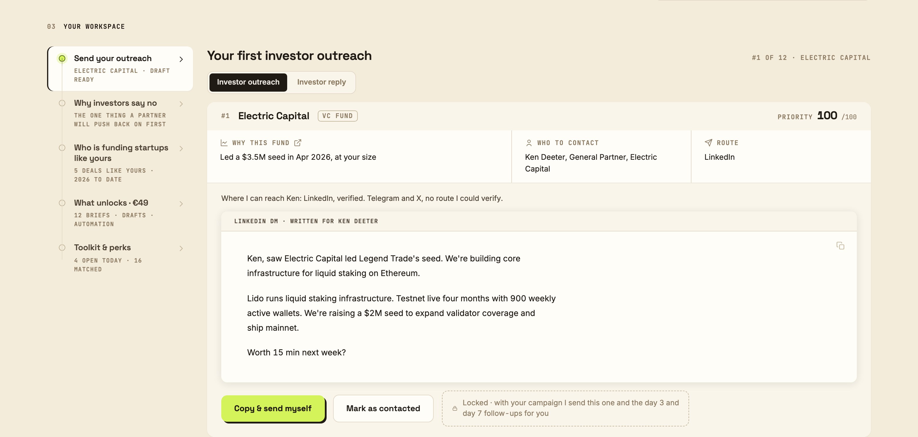 PitchPop Execution Pack · LinkedIn outreach review drawer: 31 partners matched across 65 funds for wallets, payments and stablecoins, with First touch / 3-day / 7-day follow-up tabs, a personalised first-touch message filled per partner, and a Launch outreach action you approve.